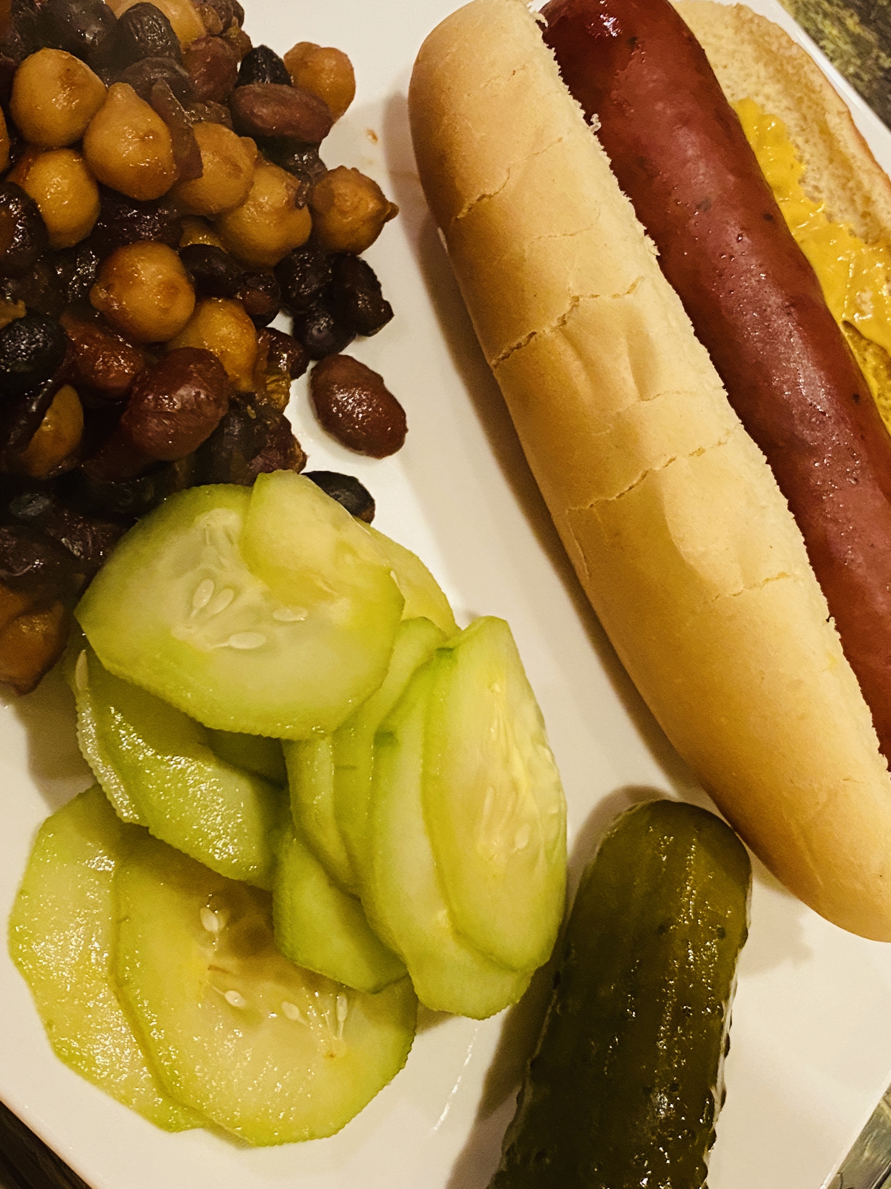 Hot dogs, baked beans, cucumbers, pickles - Chef Marian